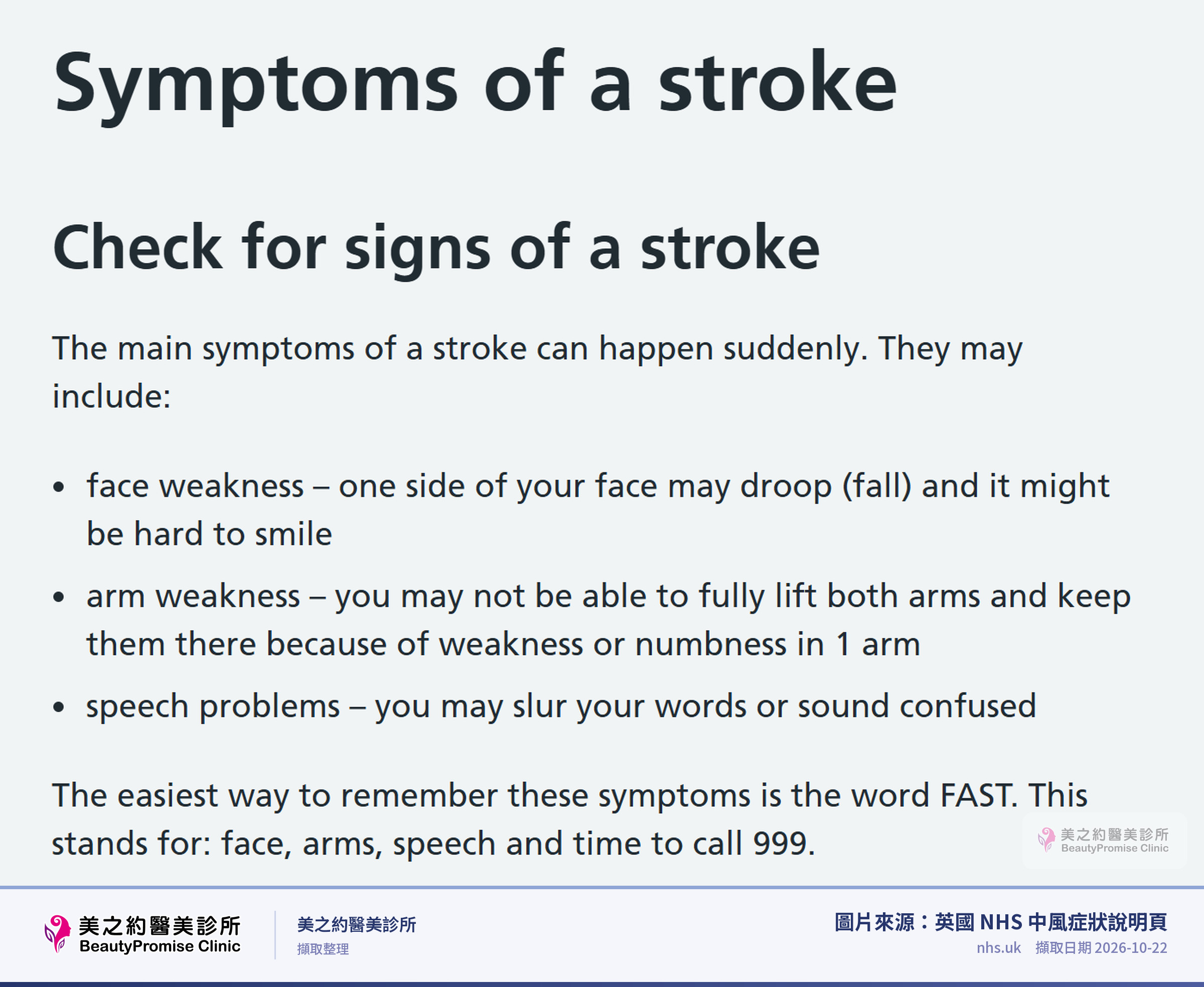 英國 NHS 中風症狀說明頁網頁截圖,內容為:FAST(臉、手臂、說話、時間)症狀說明區塊